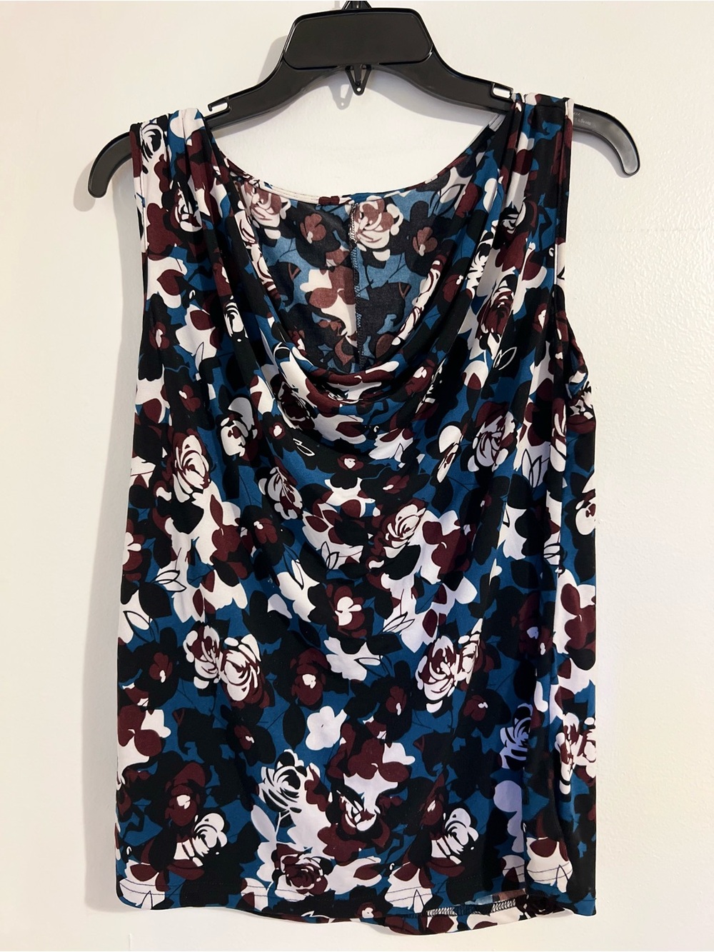 Ann Taylor Floral Cowl Neck Tank - Black, Blue & Burgundy